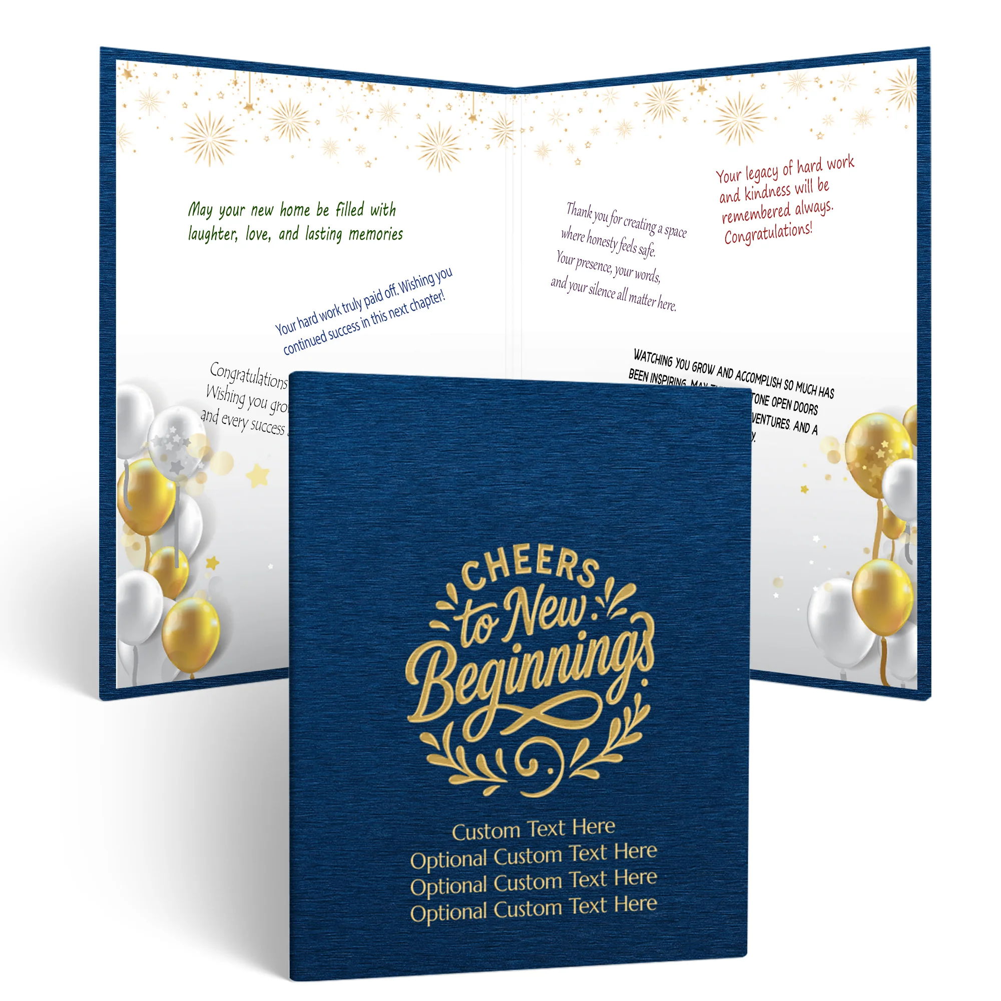 Blue vegan leather multipurpose guest book with a textured cover reading “Cheers to New Beginnings” and customizable lines “Custom Text Here Optional Custom Text Here Optional Custom Text Here Optional Custom Text Here.” Inside, the guest book features go